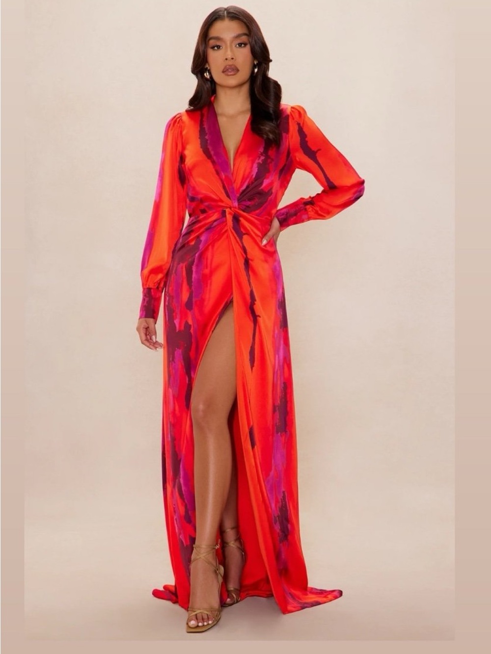 Fashion Nova Orange & Fuchsia Abstract Wrap Maxi Dress
